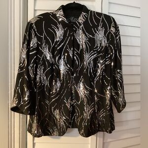 Alex Evenings Black Sequined Evening Jacket & Tank Top w Silver Wave Accents XL